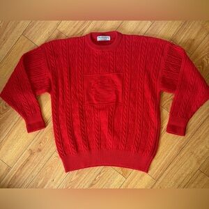 Burberrys Red Cable-Knit Crewneck Sweater with Front Crest Logo